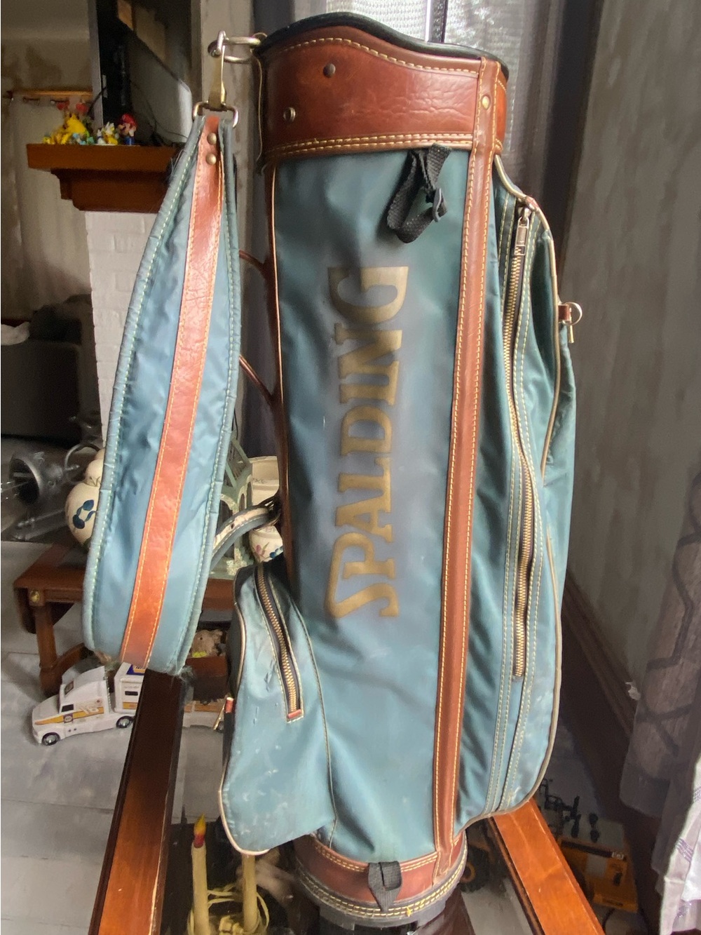 Vtg Spalding Vinyl 14-Way Divider Golf Cart Bag Green/Brown w/ Shoulder Strap